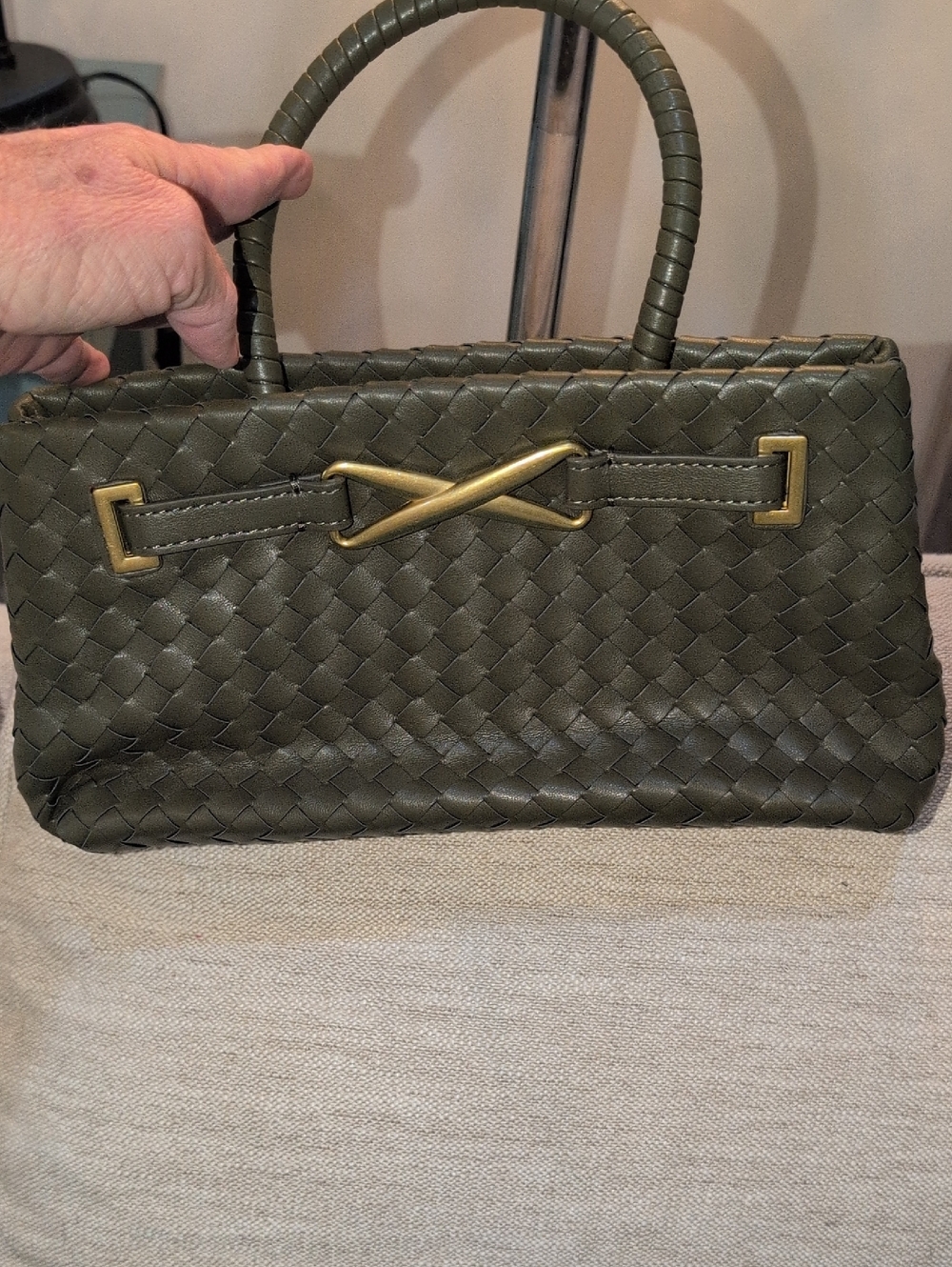 Olive Woven Leather Top-Handle Bag NWT